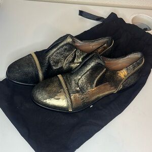 Fratelli Rossetti Calf Hair Black Gold Metallic Zipper Slip On Shoes Size 37